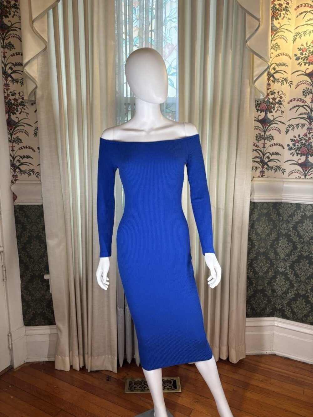Royal Blue Ribbed Off Shoulder Stretch Bodycon Wiggle Midi Dress Small Y2K 90s